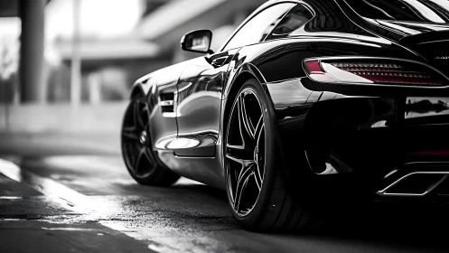 Low-angle telephoto study of glossy black grand-tourer rear profile.