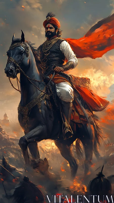 Warrior king on armored horse leading fiery battlefield charge.