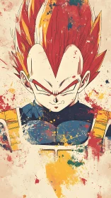 Armored anime warrior glares amid bold splatter strokes