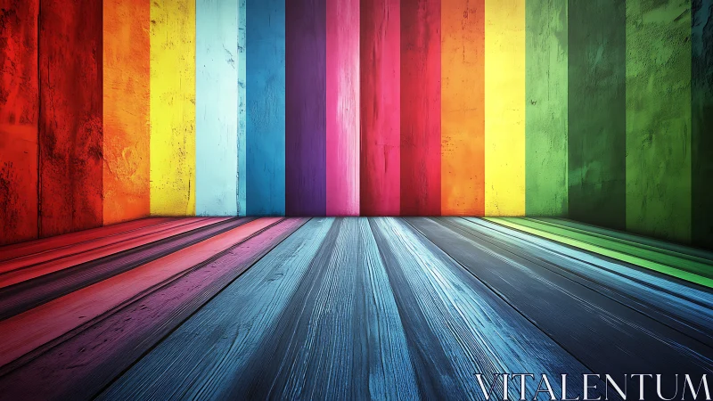 Vivid rainbow wooden room with converging color planks.
