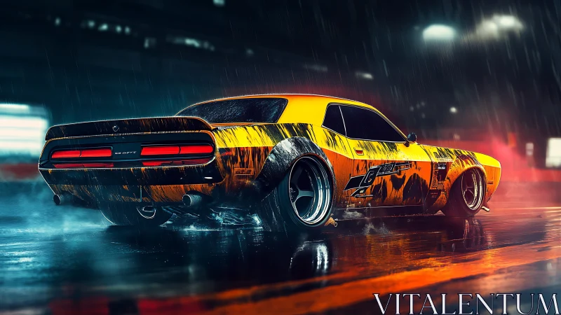 Widebody muscle car drifting on wet neon-lit night circuit