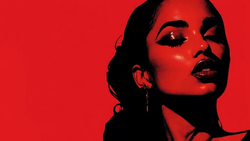 Red monochrome portrait with dramatic glossy makeup.