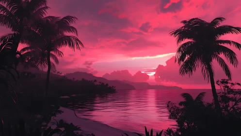 Coastal palm silhouettes stand before magenta-toned sky