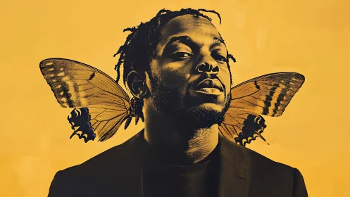 Portrait with butterfly wings against bold yellow field.