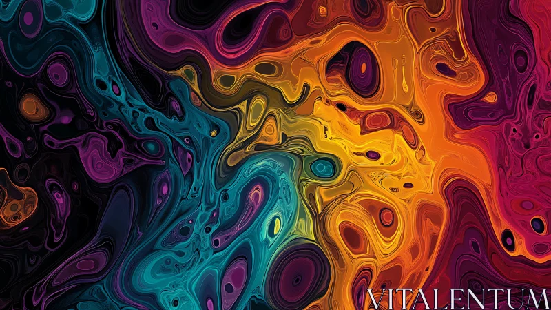 Multicolored fluid abstraction with layered swirling forms.