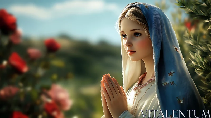 Devotional portrait of veiled young woman in sunlit garden