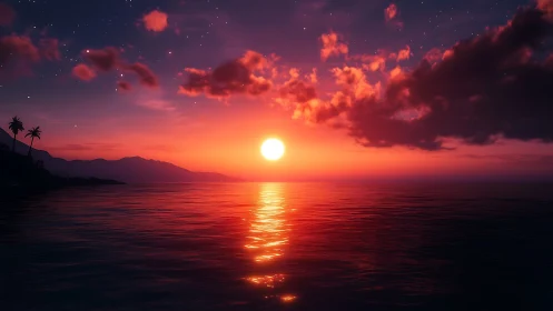Radiant tropical sunset glows over tranquil reflective sea.