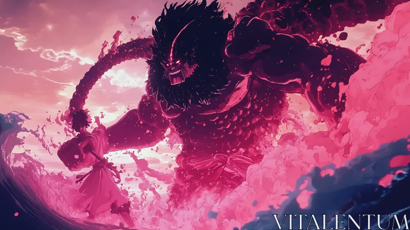 Crimson storm clash between lone warrior and sea titan.