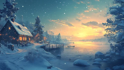 Snowy lakeside cabin glows softly in a golden winter sunset
