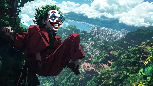 Anime villain in red suit over verdant cliffside metropolis.