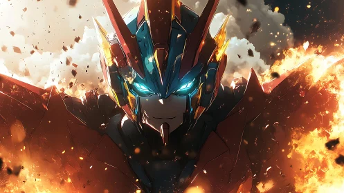 Mecha portrait emerges through explosive backlit inferno environment