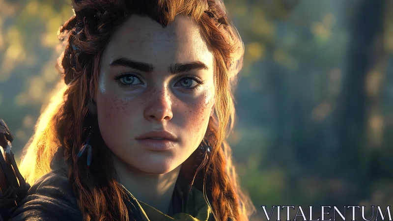 Freckled huntress in sunlit forest, hyperreal portrait study.