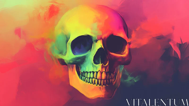 Chromatic human skull rendered in vivid neon digital gradients