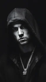 Hooded male portrait is rendered in high contrast monochrome