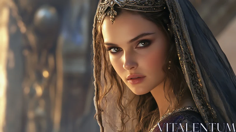 Crowned desert enchantress gazes through molten evening light.