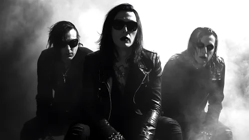 Smoke-shrouded gothic rock trio in stark monochrome portrait.