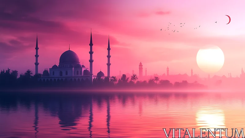 Mosque skyline over tranquil pink lagoon at radiant sunset.