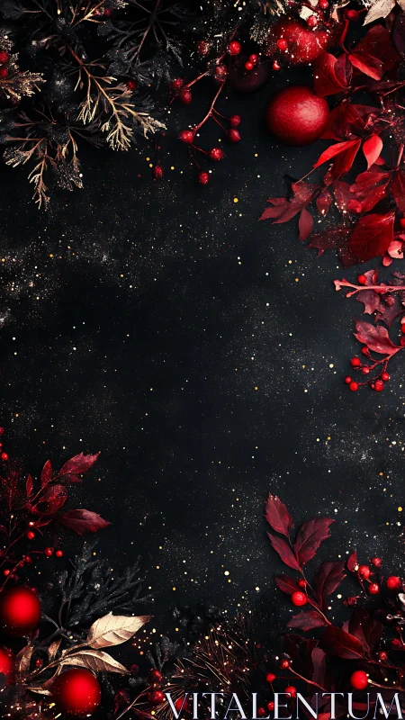 Dark festive background frames deep red holiday foliage