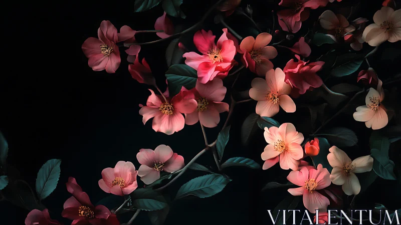 Camellia flowers against dark background with layered petals.
