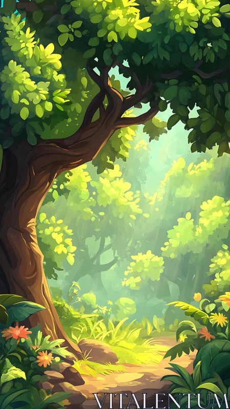 Ancient tree bathed in golden forest light.