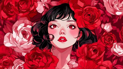 Dreamy girl framed by bold red roses in romantic bloom.