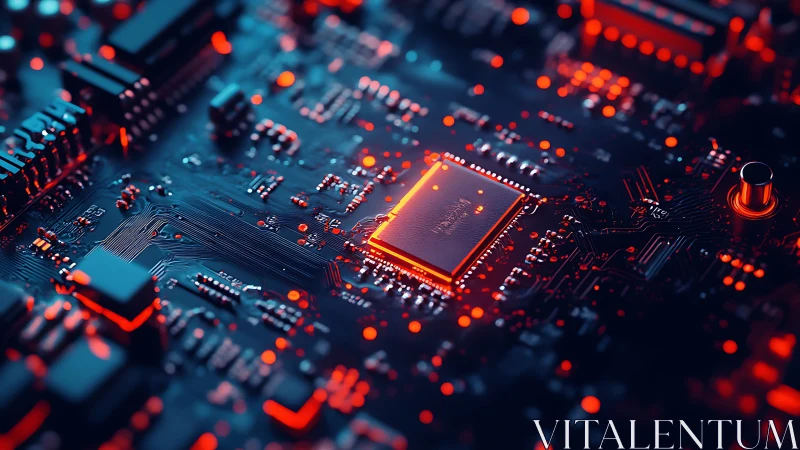 Glowing central processor unit illuminates cybernetic circuit plane