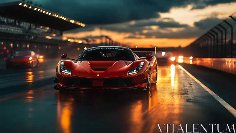 Sunset racetrack inferno with gleaming red supercar prowl.