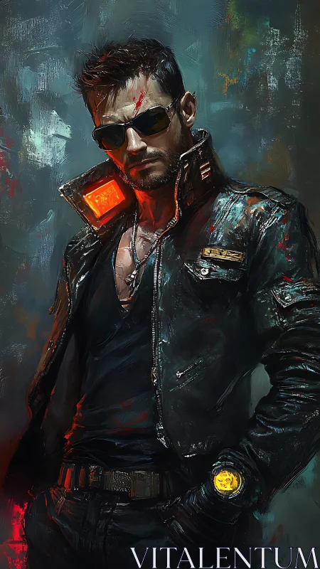 Cyberpunk male figure in leather jacket with neon devices.