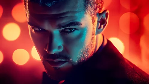 Intense male portrait glows in neon teal and fiery orange bokeh.