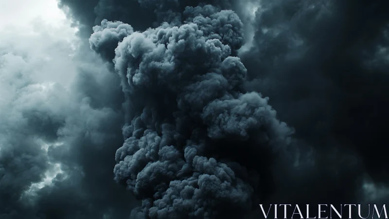 Dense vertical column of dark smoke in cloudy sky.