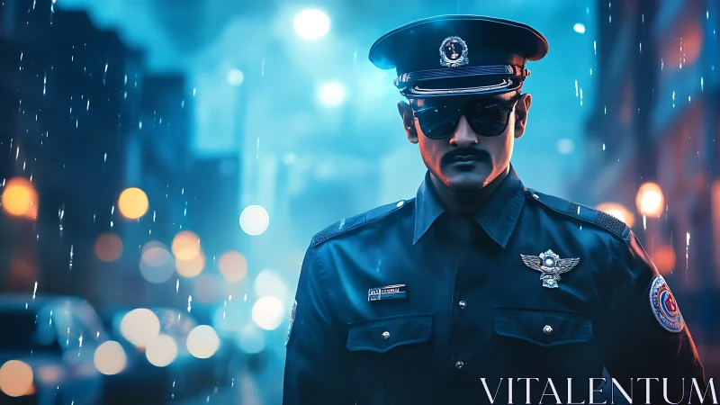Brooding night patrol officer under neon city rainfall.