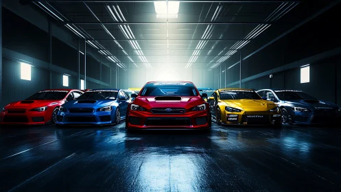 Tuned rally sedans align under cold warehouse lighting.