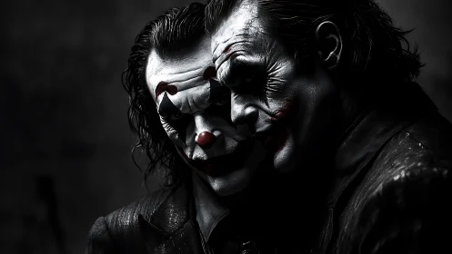 Dual sinister clowns merge in a haunting, shadowy close-up