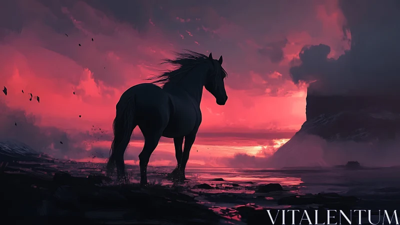 Stormlit midnight stallion against a wildfire horizon.