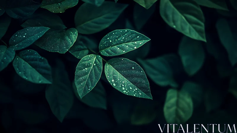 Macro analysis of rain-speckled foliage under low-key light.