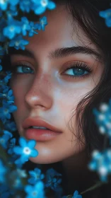 Close portrait of blue eyed woman framed by vivid flowers.