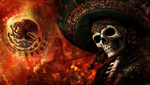 Fiery Mexican skull in ceremonial sombrero watches history.