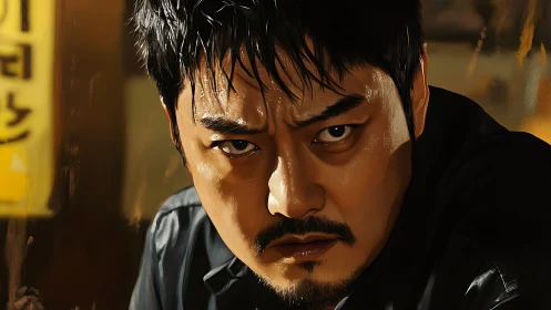 Intense portrait of determined man in warm cinematic light.