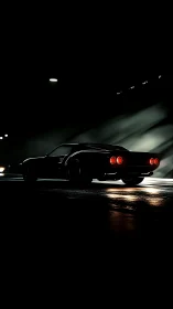 Midnight muscle car prowls through slick tunnel shadows.