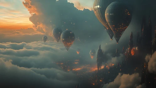 Digital painting of luminous airships over volcanic cloudscape.