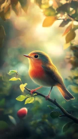 Songbird rests on a sunlit branch in glowing forest air