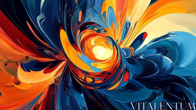 Radial abstraction with swirling blue, orange and yellow forms.