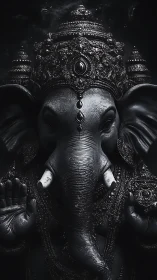 Dark-toned Ganesha sculpture with ornate ceremonial crown.