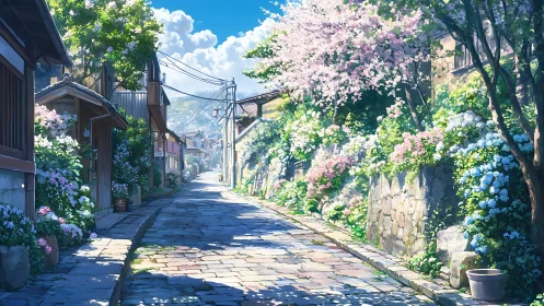 Sunlit stone lane winds through lush spring blossoms
