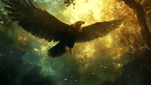 Majestic Eagle Soaring Over Sunlit Forest in Fantasy Art Style.