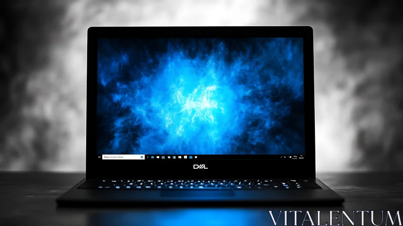 Sleek laptop displays vivid blue abstract cloud wallpaper