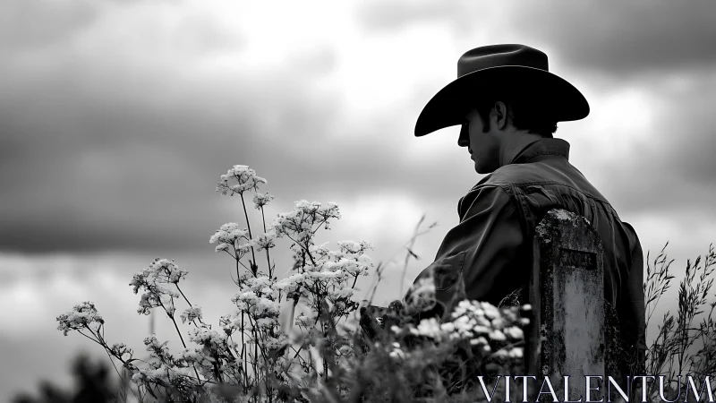 Lone cowboy in wildflowers under a storm-weary sky.
