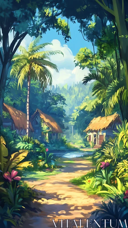 Tropical Valley Settlement: Luminous Architectural Composition with Verdant Vegetation.