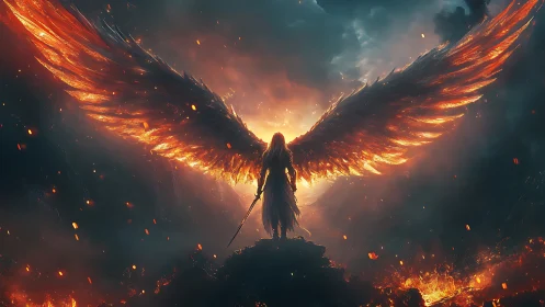 Winged humanoid figure over volcanic landscape at dusk.