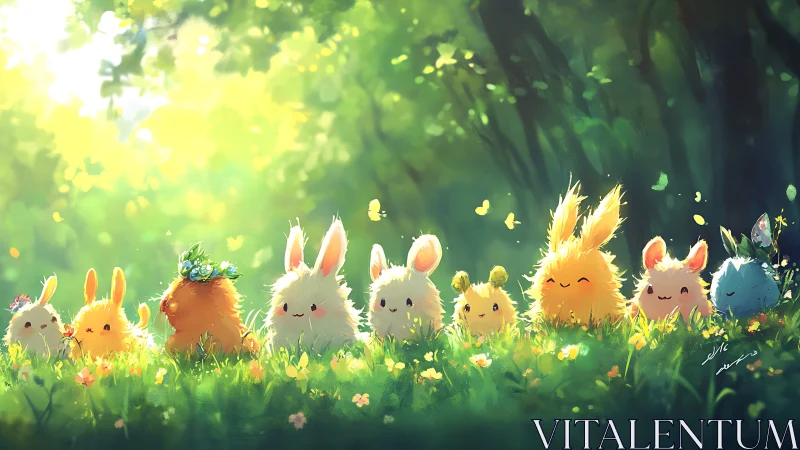 Digital painting of luminous forest bunnies in sunlit glade.